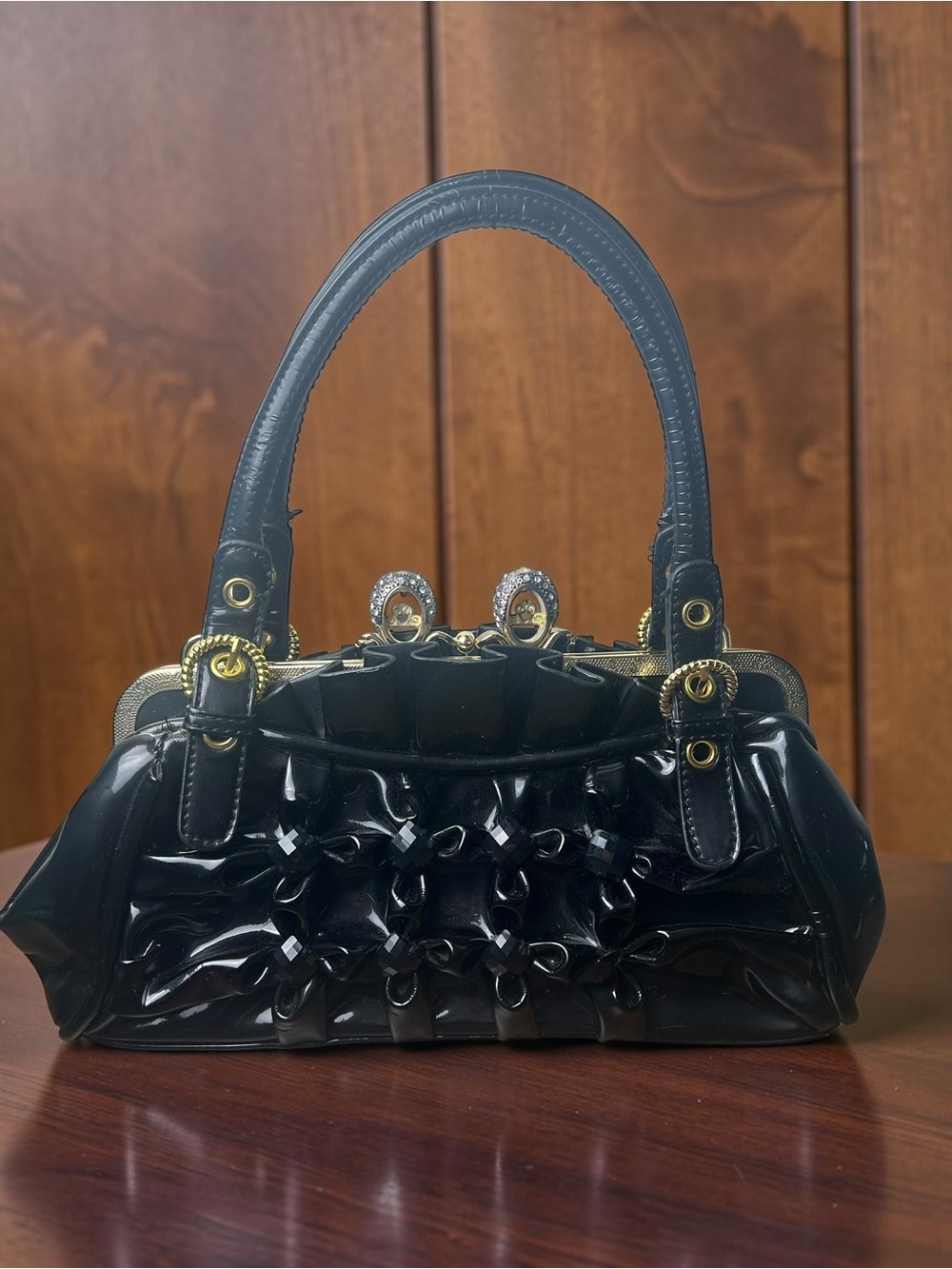 C.J Black Patent Ruffle Frame Satchel Handbag